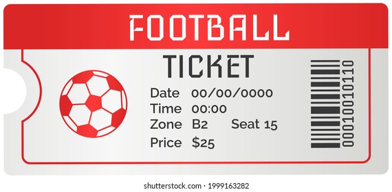 Football ticket card modern design. Invitation to football match to sports stadium to competition. Permission to enter soccer tribune for spectators to tournament. Fan ticket to sports match