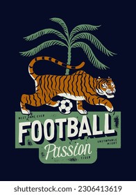 Football tiger under the palm tree vintage typography soccer silkscreen vector illustration.