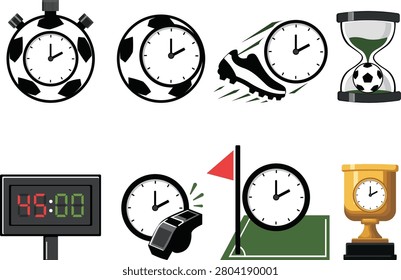 Football Timer Icons Set Collection with Soccer Clock, Stopwatch, Scoreboard and Match Time