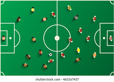 Football Top View Playground with Players. Soccer Stadium Vector Illustration.