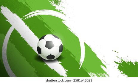 Football torn banner. Football ball at sports field. Template for flyer and booklet. Place for text and inscription. Tournament and competition. Flat vector illustration