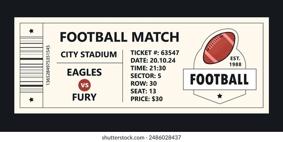 Football torn-off ticket template. Vector illustration of entrance ticket for bowling day. Modern linear badge design with ball. Editable stroke.