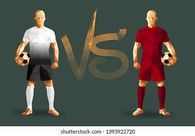 Football, Tottenham vs Liverpool soccer players holding vintage footballs, representing two opposing teams, standing isolated with a flat background behind them and a versus sign, vector illustration