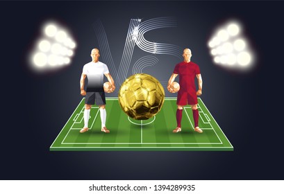 Football, Tottenham vs Liverpool soccer players holding vintage footballs, representing two opposing teams, standing isolated with a flat background behind them and a versus sign, vector illustration