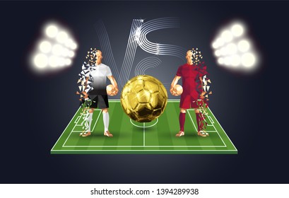 Football, Tottenham vs Liverpool soccer players holding vintage footballs, representing two opposing teams, standing isolated with a flat background behind them and a versus sign, vector illustration