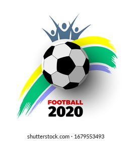 Football tournament 2020. White background with soccer ball, colorful paint stroke and fans silhouette. Vector illustration.