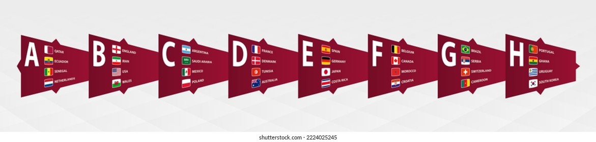 Football tournament 2022 with flag of participants sorted by group on abstract gray background.