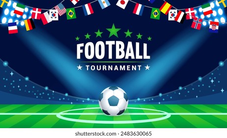 Football tournament background vector illustration. Soccer stadium with flags garland of different countries 