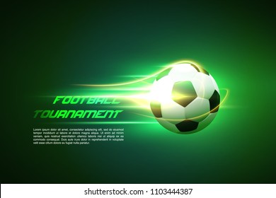 Football tournament. Football ball flying on the shiny background. Flaming soccer ball 3d vector