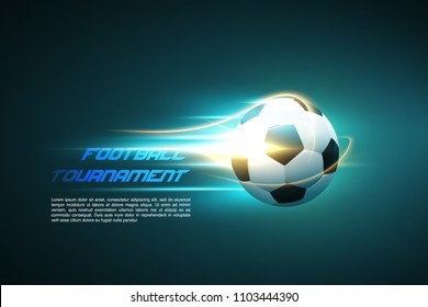 Football tournament. Football ball flying on the shiny background. Flaming soccer ball 3d vector