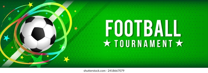 Football tournament banner design vector illustration. Ball with star light effects on green background.	