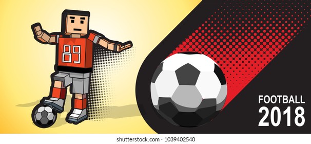 football tournament banner with pixel character and ball.  Football player in Pixel art stile