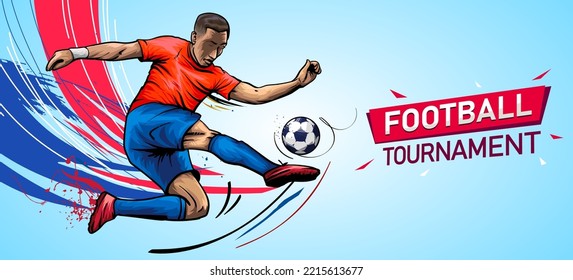 Football tournament banner Vector Illustration. Soccer Player Kicking Ball.