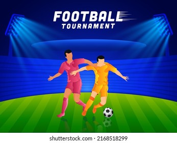 Football Tournament Concept With Faceless Footballer Players Of Participating Teams On Blue And Green Stadium Background.