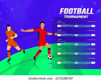 Football Tournament Concept With Faceless Footballer Players In Playing Pose, Participating Countries List On Blue And Green Background.