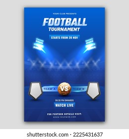 Football Tournament Flyer Design With 3D Golden Soccer Ball And Empty Shield Of Participating Team A VS B On Blue Stadium Lights Background.