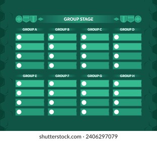 Football tournament group stage with eight groups for four teams green soccer schedule template.