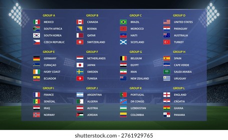 Football tournament groups table template with multiple teams and flags, stadium background with lighting, professional broadcast style layout for sports competitions, championships and league events.