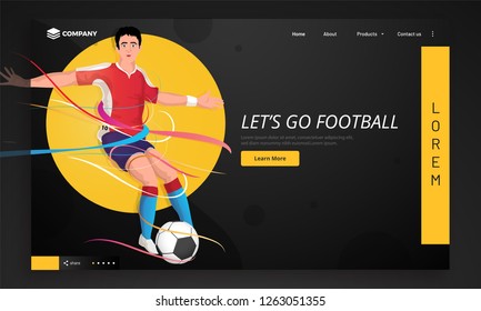 Football tournament landing page design, soccer player kicking the football on black background. Responsive web banner.