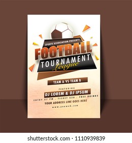 Football Tournament League flyer or banner designs with match details, polygonal elements on background.
