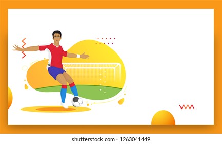 Football tournament poster design, soccer player in playing action on abstract background.