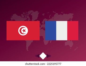 Football tournament poster. Football match between Tunisia and France Vector graphics. World map.