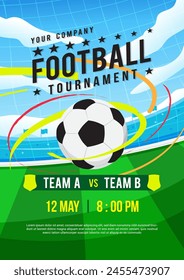 Football Tournament poster vector design. Soccer ball flying in air.