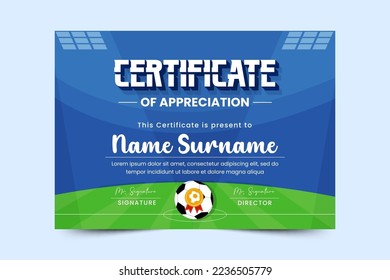 Football tournament, sport event certificate design template. Field and ball feel design with cool look