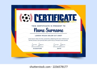 Football tournament, sport event certificate design template. Field and ball feel design with cool look