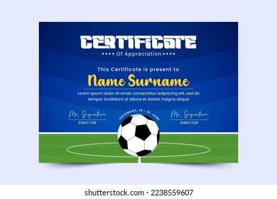 Football tournament, sport event certificate design template. Field and ball feel design with cool look