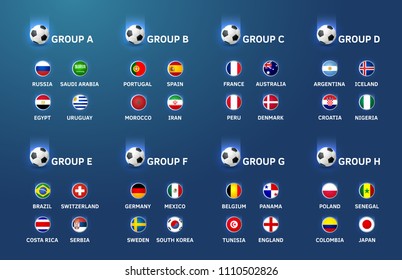 Football tournament teams and groups. Vector background with flags of all the participating countries. Modern design for soccer championship matches