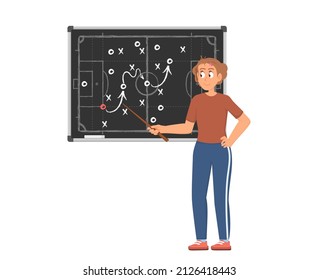 Football trainer and scheme. Soccer coach strategy for players, training for sport team. Creative tactic defence plan on chalkboard, decent vector scene