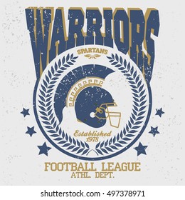 Football t-shirt emblem with laurel wreath, Spartan Warrior, gladiator icon. Vector