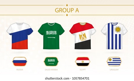 Football t-shirt with flags, teams of group A: Russia, Saudi Arabia, Egypt, Uruguay.