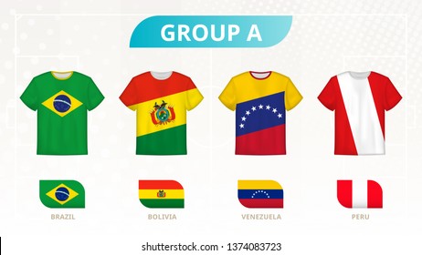 Football t-shirt with flags, teams of group A: Brazil, Bolivia, Venezuela, Peru.