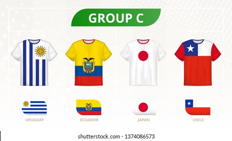 Football t-shirt with flags, teams of group C: Uruguay, Ecuador, Japan, Chile.