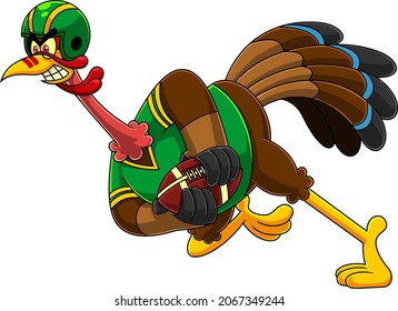 Football Turkey Bird Cartoon Character Running In Thanksgiving Super Bowl. Vector Hand Drawn Illustration Isolated On White Background