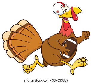 Football Turkey Bird Cartoon Character Running In Thanksgiving Super Bowl. Vector Illustration Isolated On White