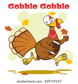 Football Turkey Bird Cartoon Character Running In Thanksgiving Super Bowl. Vector Illustration With Background And Text