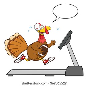 Football Turkey Bird Cartoon Character Running On A Treadmill With Speech Bubble. Vector Illustration Isolated On White