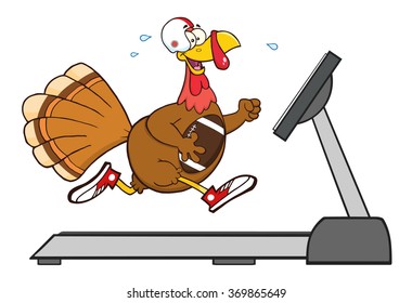 Football Turkey Bird Cartoon Character Running On A Treadmill. Vector Illustration Isolated On White