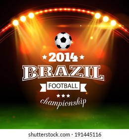 Football typographic background with soccer ball, spotlights, abstract stadium and place for text.