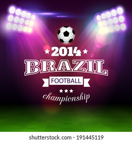 Football typographic background with soccer ball, spotlights, abstract stadium and place for text.