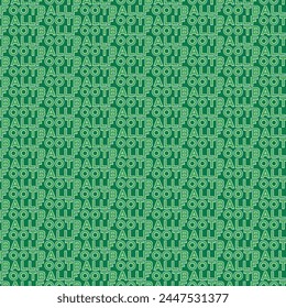 Football typographic green striped letters with field texture and white contour on dark green background. Vector soccer square seamless pattern.
