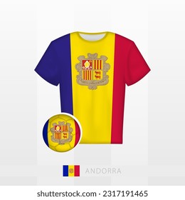 Uniforme de fútbol de la selección nacional de Andorra con fútbol con bandera de Andorra. Jersey de fútbol y fútbol con bandera. Plantilla de vectores.