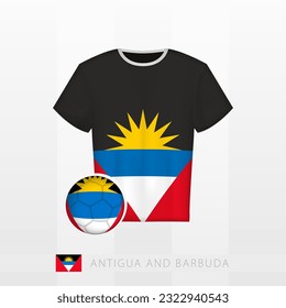 Uniforme de fútbol de la selección nacional de Antigua y Barbuda con fútbol con bandera de Antigua y Barbuda. Jersey de fútbol y fútbol con bandera. Plantilla de vectores.