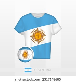 Football uniform of national team of Argentina with football ball with flag of Argentina. Soccer jersey and soccerball with flag. Vector template.