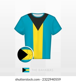 Uniforme de fútbol de la selección nacional de las Bahamas con fútbol con bandera de las Bahamas. Jersey de fútbol y fútbol con bandera. Plantilla de vectores.