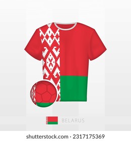 Football uniform of national team of Belarus with football ball with flag of Belarus. Soccer jersey and soccerball with flag. Vector template.