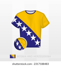 Uniforme de fútbol de la selección nacional de Bosnia y Herzegovina con fútbol con bandera de Bosnia y Herzegovina. Jersey de fútbol y fútbol con bandera. Plantilla de vectores.